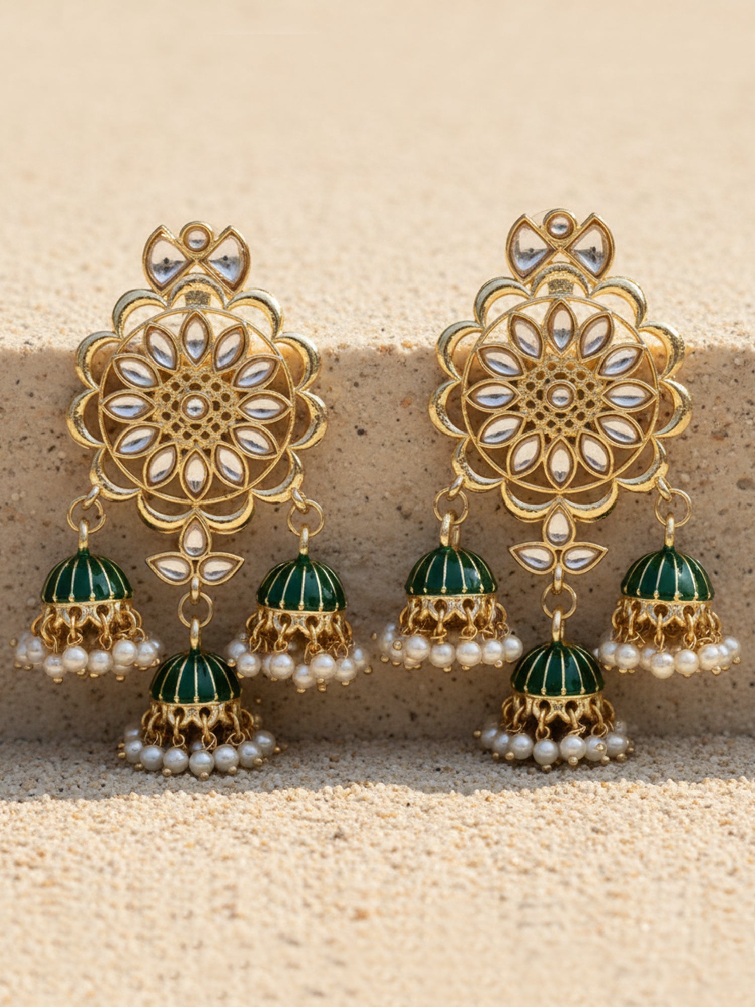 Karatcart Gold Plated Kundan Studded Green Meena Triple Jhumki Earrings for Women