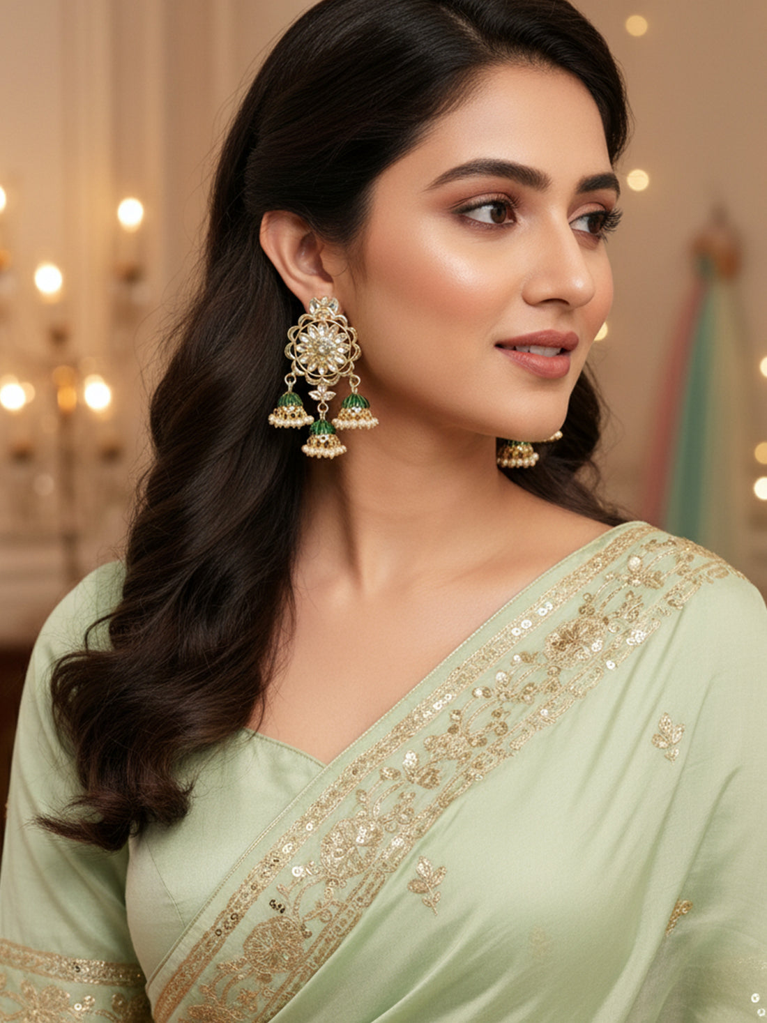 Karatcart Gold Plated Kundan Studded Green Meena Triple Jhumki Earrings for Women