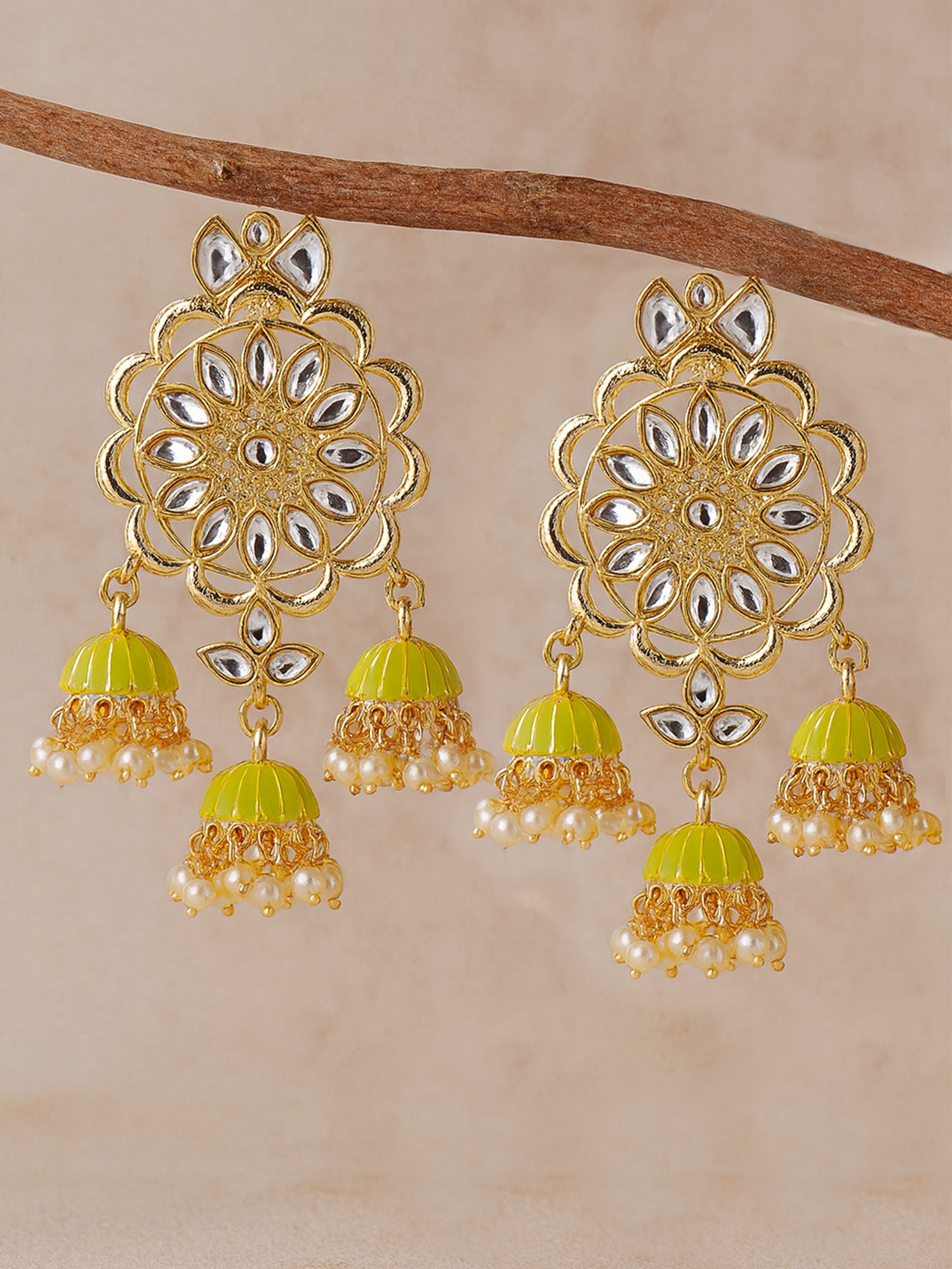 Karatcart Gold Plated Kundan Studded Light Green Meena Triple Jhumki Earrings for Women