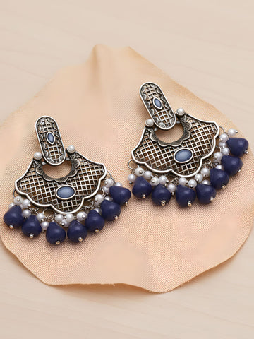 Karatcart Oxidised Silver Blue Monalisa Stone and Pearl Studded Dangler Earrings for Women