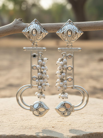 Karatcart Silver Plated Mirror Studded Pearl Dangler Earrings for Women