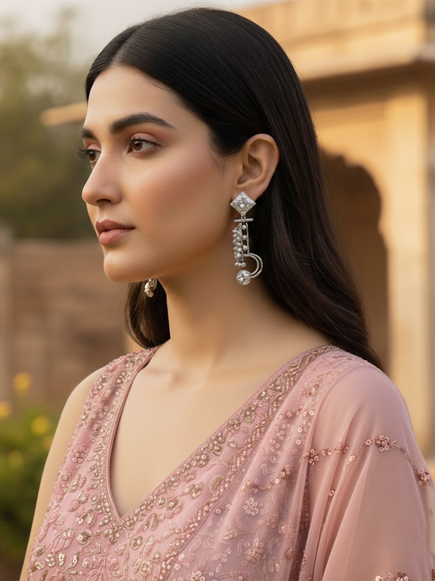 Karatcart Silver Plated Mirror Studded Pearl Dangler Earrings for Women