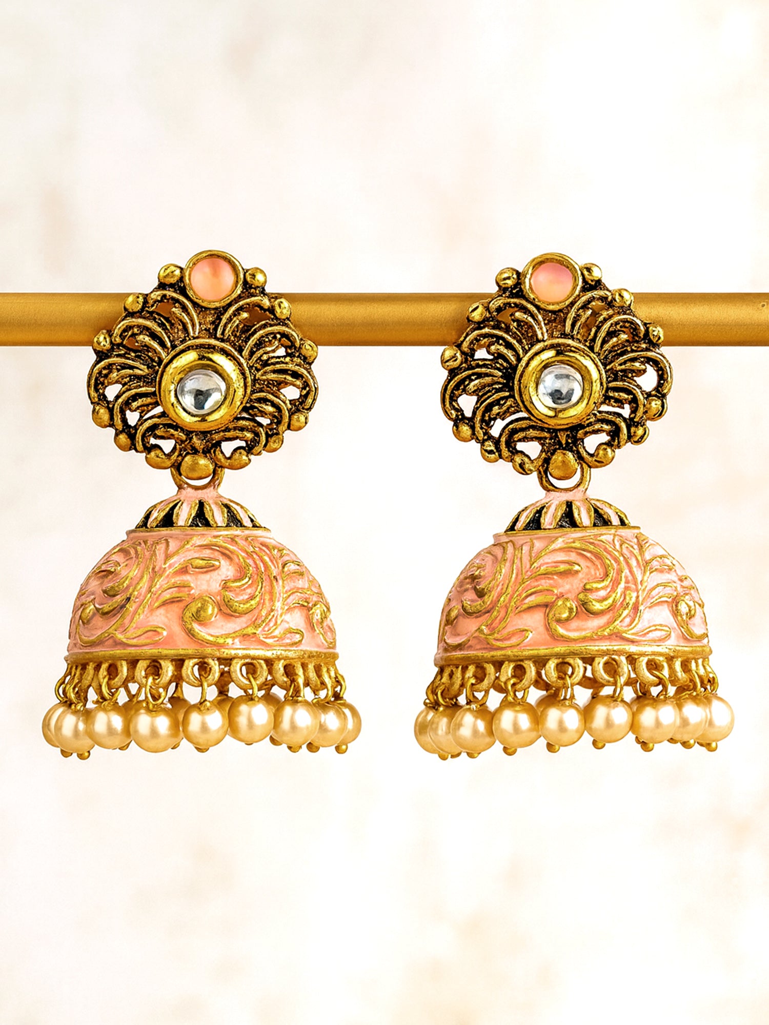 Karatcart Gold Plated Peach Meena Golden Pearl Jhumki Earrings for Women