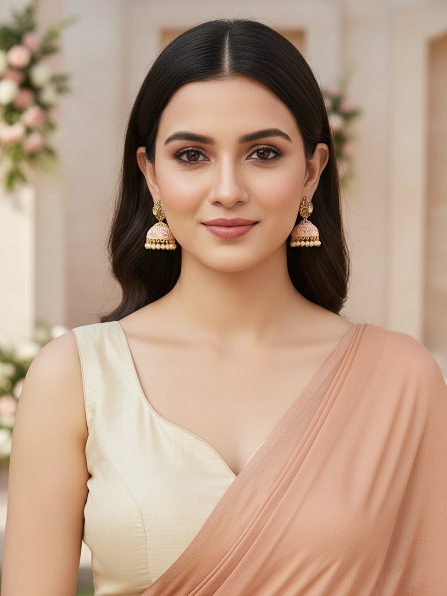 Karatcart Gold Plated Peach Meena Golden Pearl Jhumki Earrings for Women