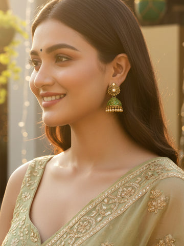 Karatcart Gold Plated Green Meena Golden Pearl Jhumki Earrings for Women