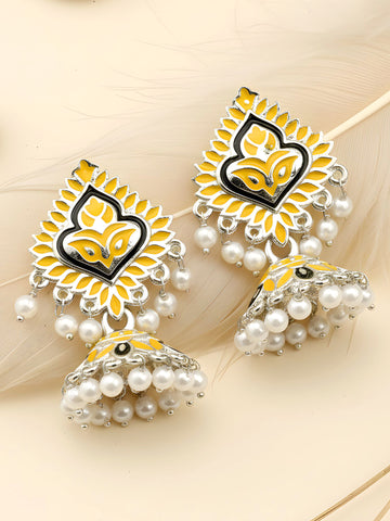 Karatcart Silver Plated Yellow Meena Jhumki Earrings for Women