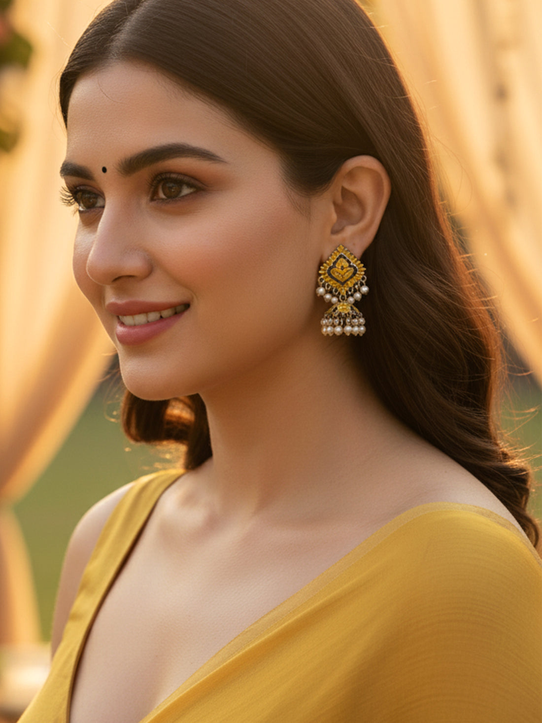 Karatcart Silver Plated Yellow Meena Jhumki Earrings for Women