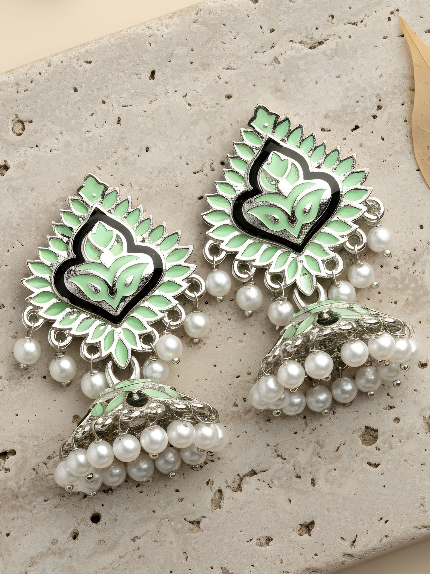 Karatcart Silver Plated Light Green Meena Jhumki Earrings for Women