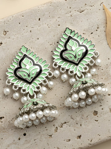 Karatcart Silver Plated Light Green Meena Jhumki Earrings for Women