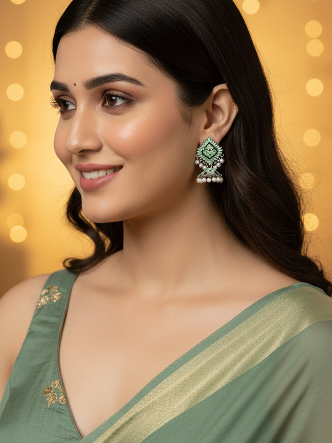 Karatcart Silver Plated Light Green Meena Jhumki Earrings for Women