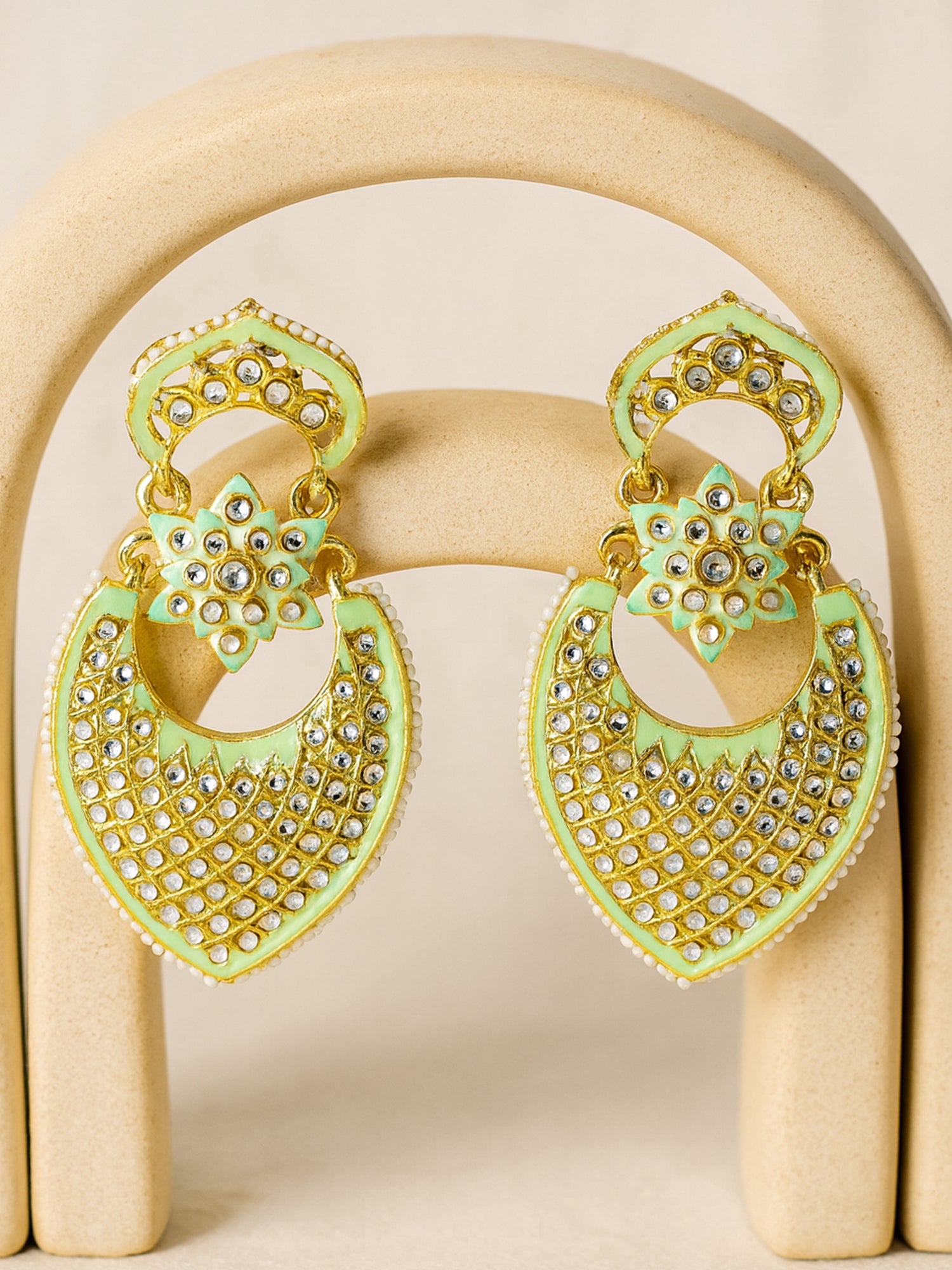 Karatcart Gold Plated Lime Green Meena Drop Shape Kundan Drop Earrings for Women