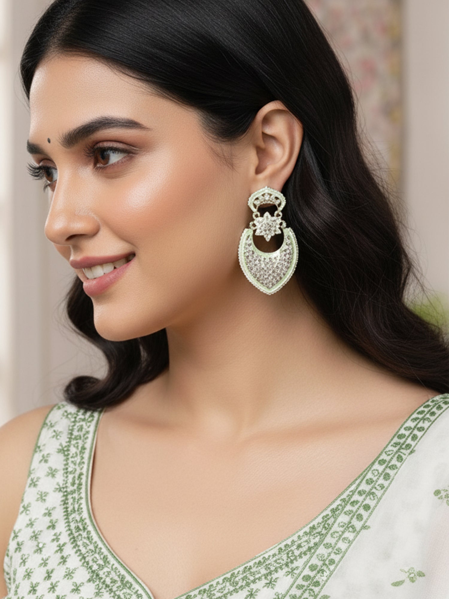 Karatcart Gold Plated Lime Green Meena Drop Shape Kundan Drop Earrings for Women