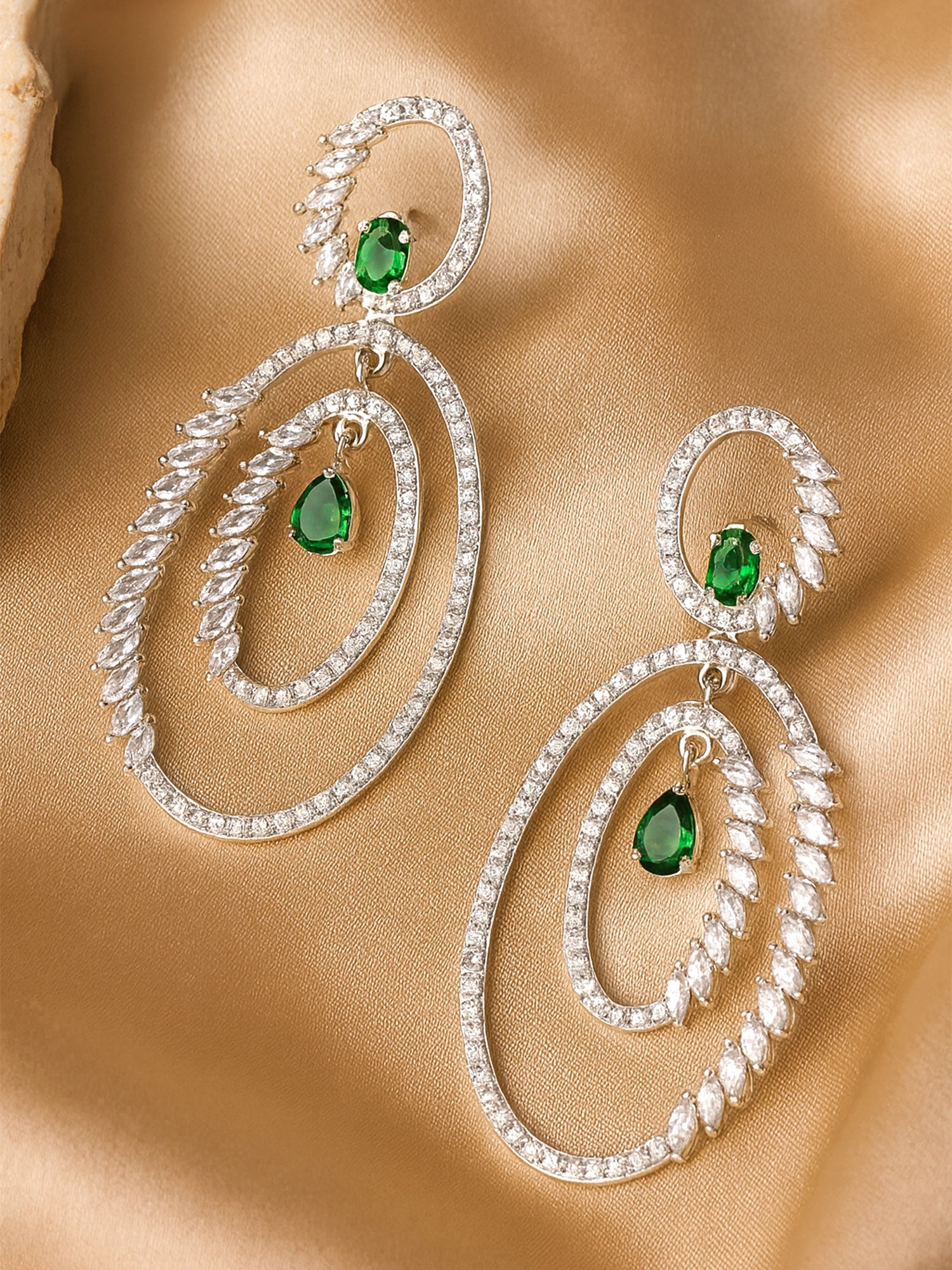 Karatcart Silver Plated Green Cubic Zirconia Studded Dangler Earrings for Women