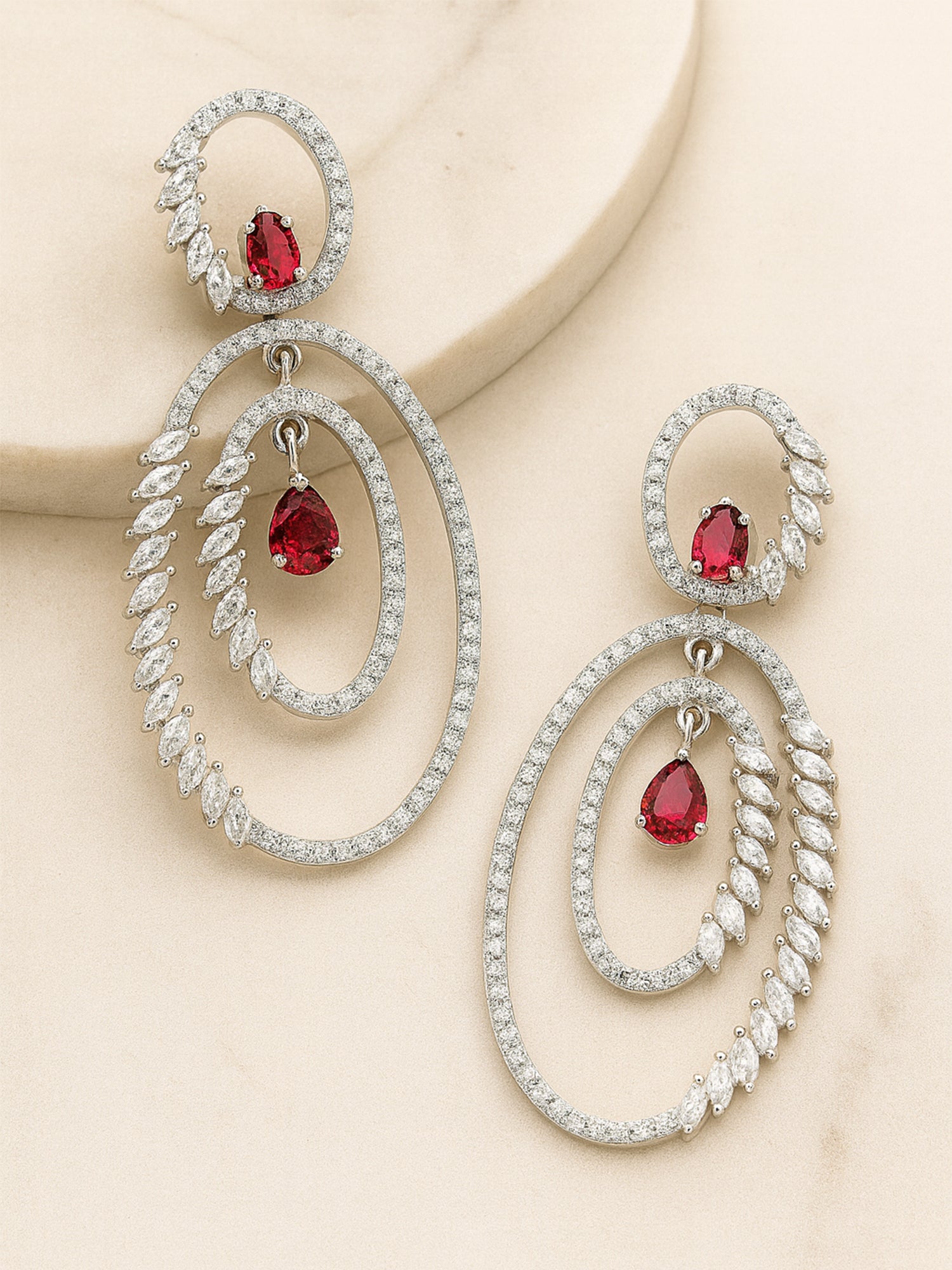 Karatcart Silver Tone Red Cubic Zirconia Studded Dangler Earrings for Women