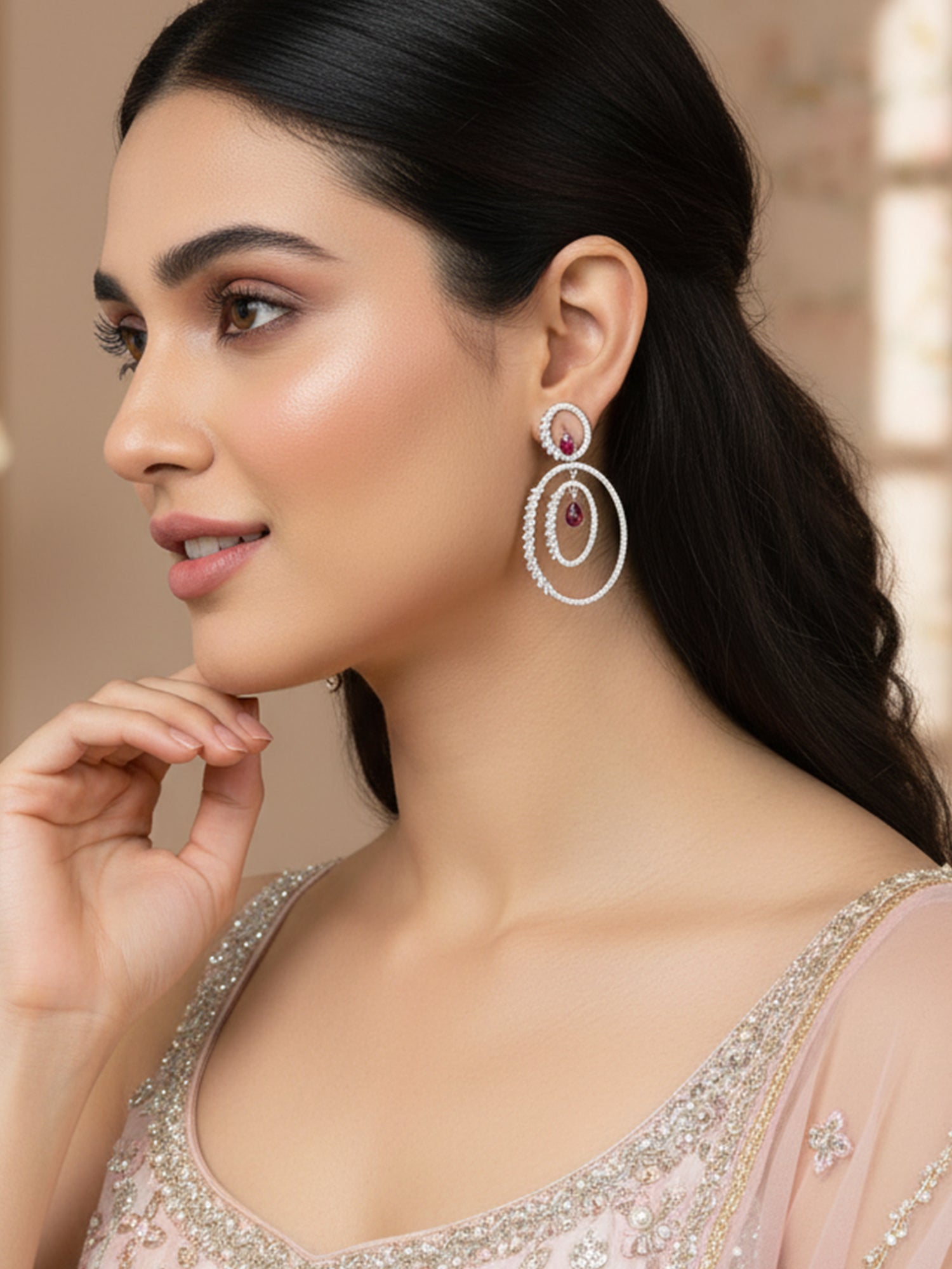 Karatcart Silver Tone Red Cubic Zirconia Studded Dangler Earrings for Women