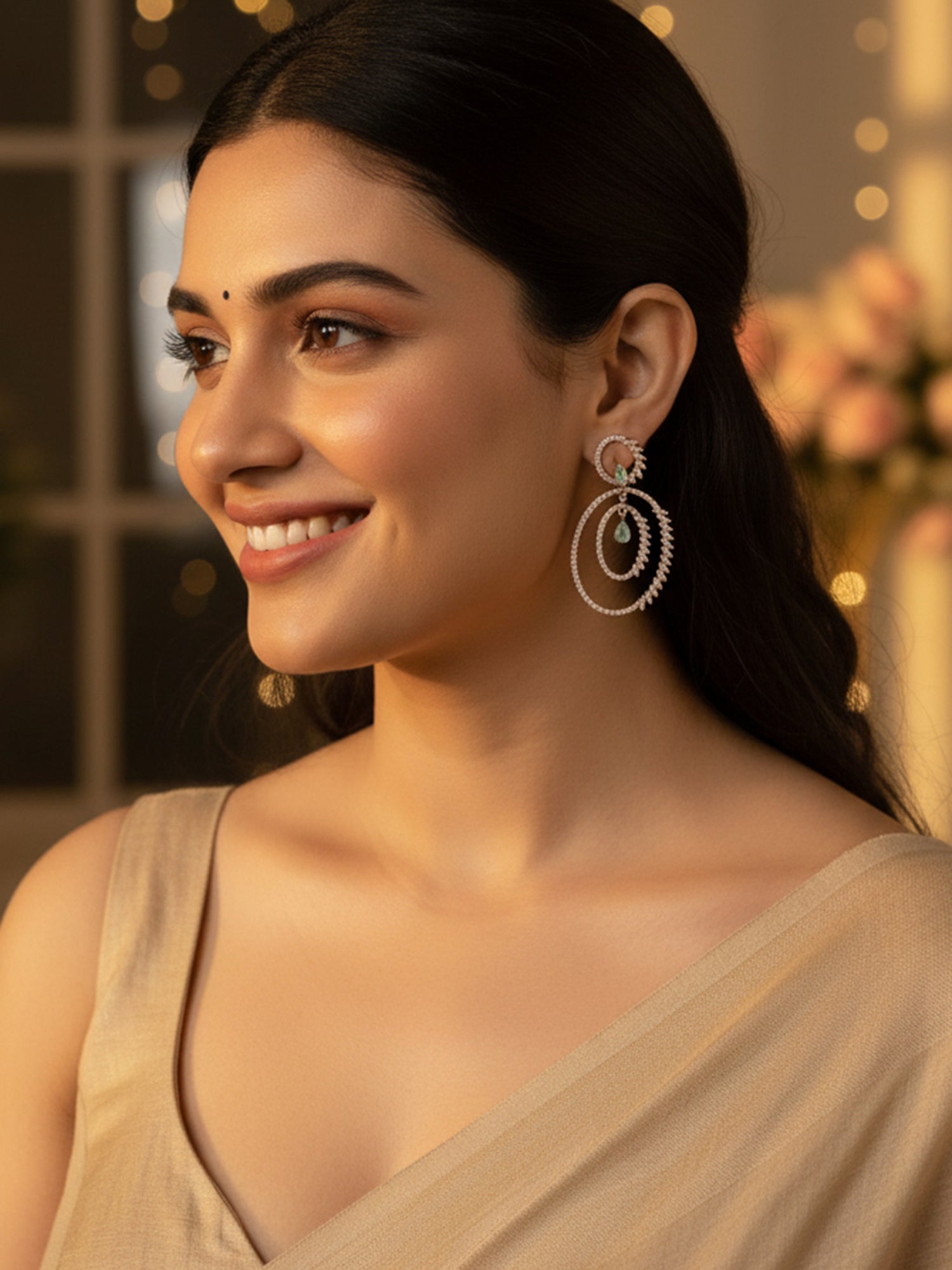 Karatcart Rose Gold Plated Lime Green Cubic Zirconia Studded Dangler Earrings for Women