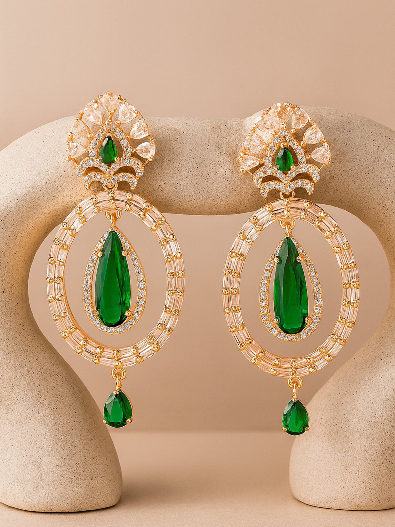 Karatcart Rose Gold Plated Green Cubic Zirconia Studded Hoop Dangler Earrings for Women