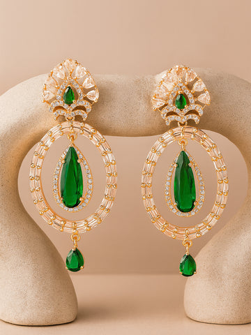 Karatcart Rose Gold Plated Green Cubic Zirconia Studded Hoop Dangler Earrings for Women