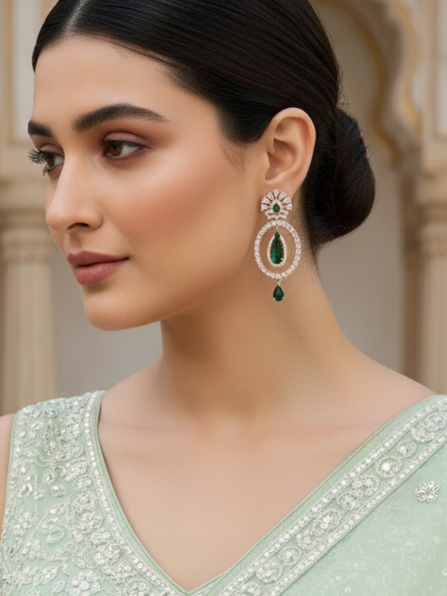 Karatcart Rose Gold Plated Green Cubic Zirconia Studded Hoop Dangler Earrings for Women