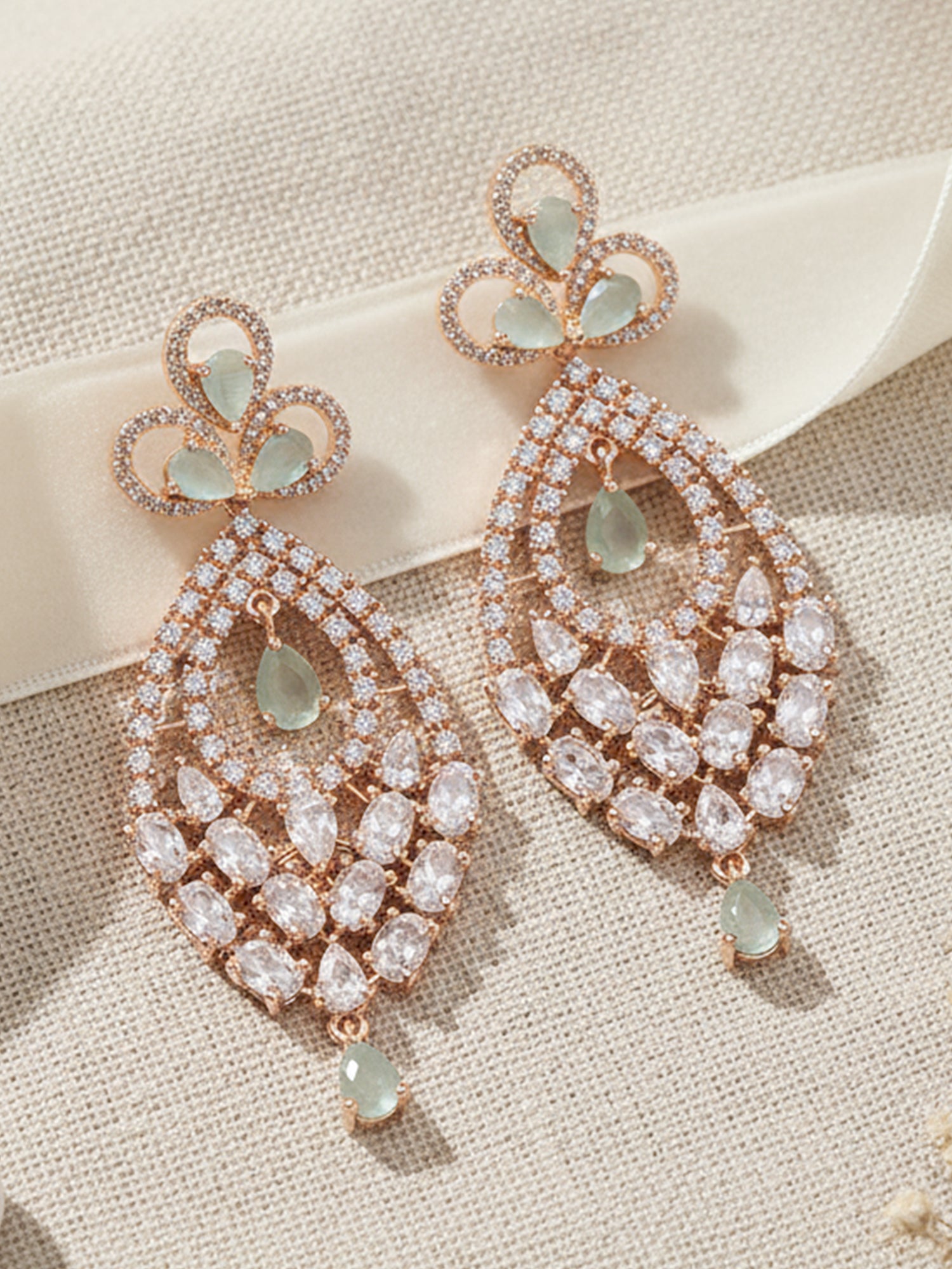 Karatcart Rose Gold Plated Lime Green Cubic Zirconia Studded Drop Shape Dangler Earrings for Women