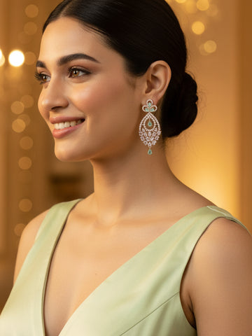 Karatcart Rose Gold Plated Lime Green Cubic Zirconia Studded Drop Shape Dangler Earrings for Women
