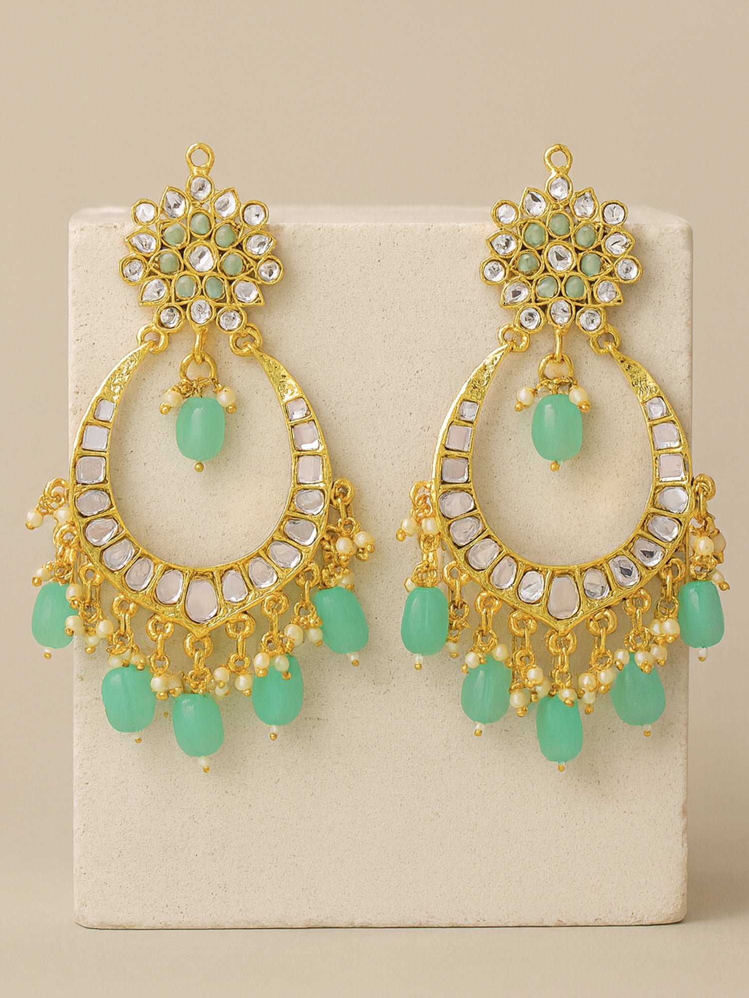 Karatcart Gold Plated Mirror and Light Green Tumble Studded Dangler Earrings for Women