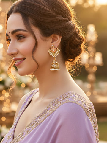 Karatcart Gold Plated Floral Design Peach Kundan Studded Jhumki Earrings for Women