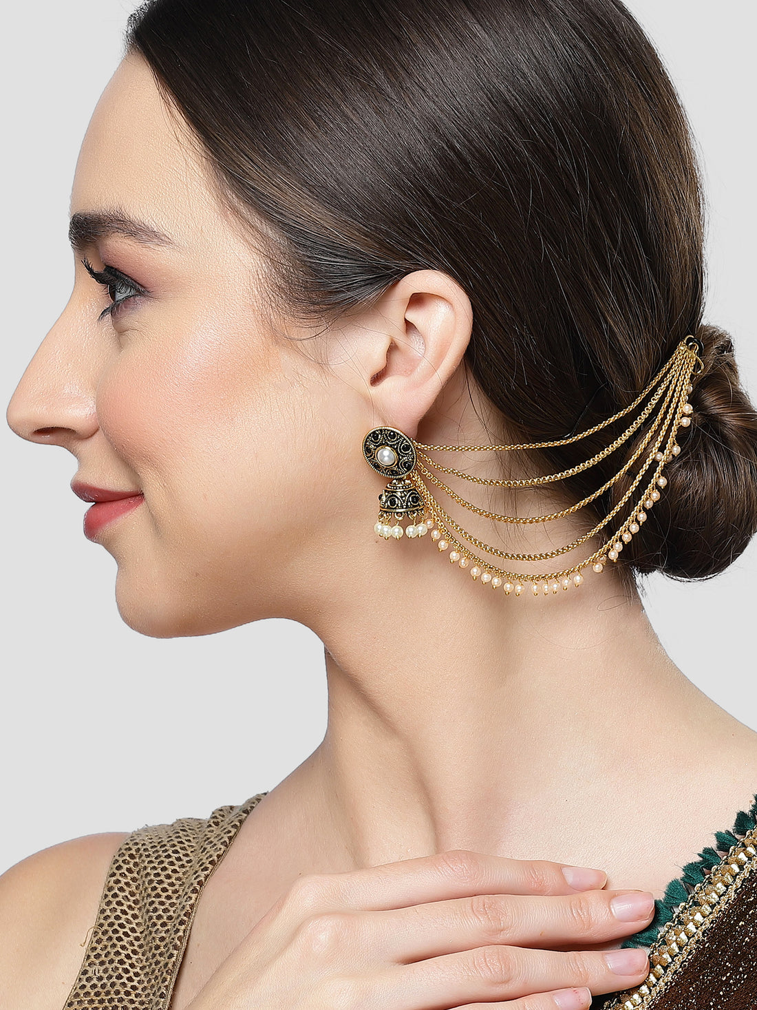 Karatcart Gold Plated Chain Design Pearl Studded Kaanchain Earrrings for Women