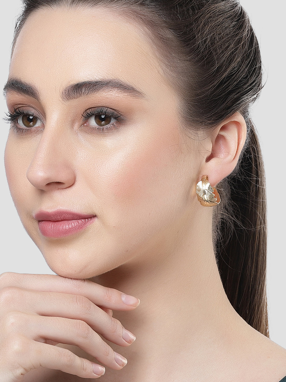 Bohey by KARATCART Gold-Plated Leaf Shaped Half Hoop Earrings for Women