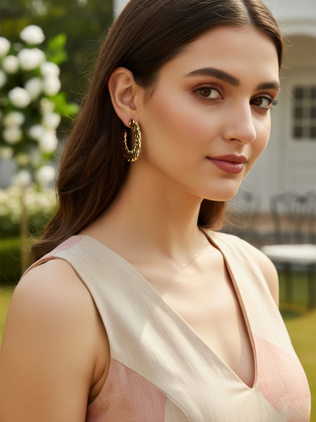 Bohey by KARATCART Gold Plated Textured Finish Half Hoop Earrings for Women