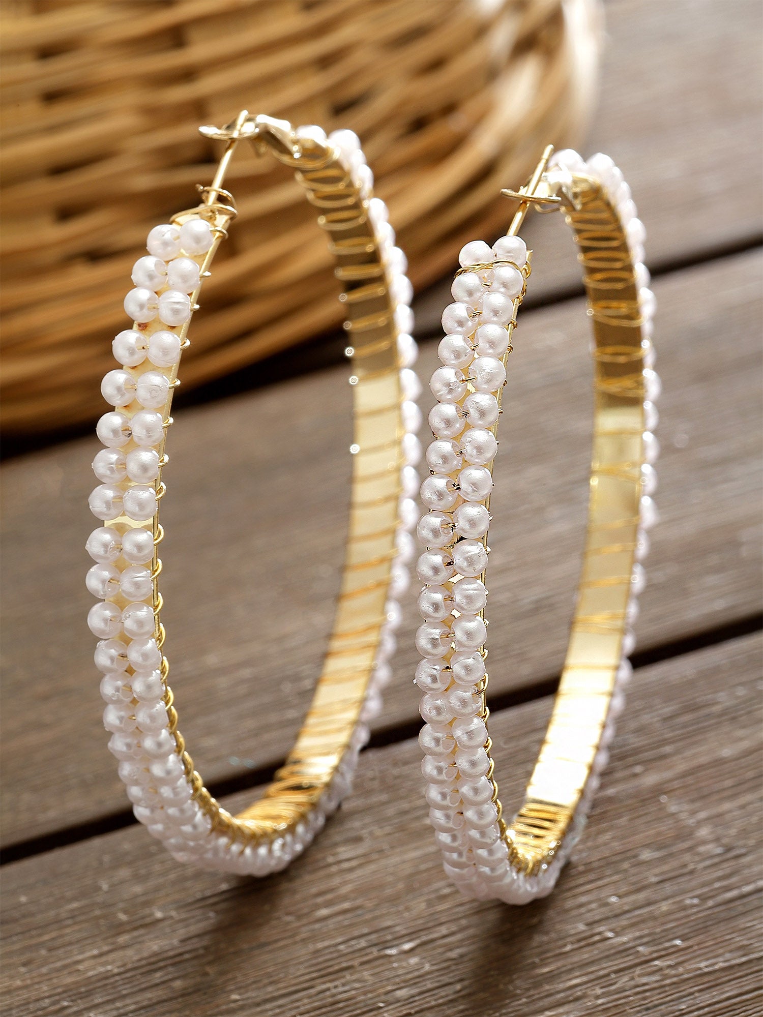 Bohey by KARATCART Gold Plated Pearl Hoop Earrings for Women