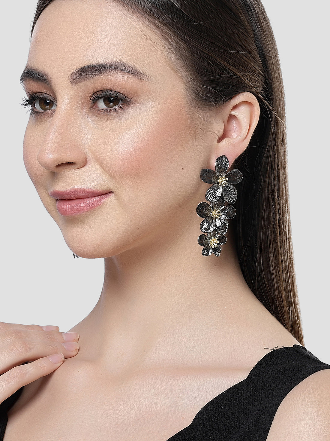 Bohey by KARATCART Dual Tone Black Metallic Finish Floral Drop Earrings for Women