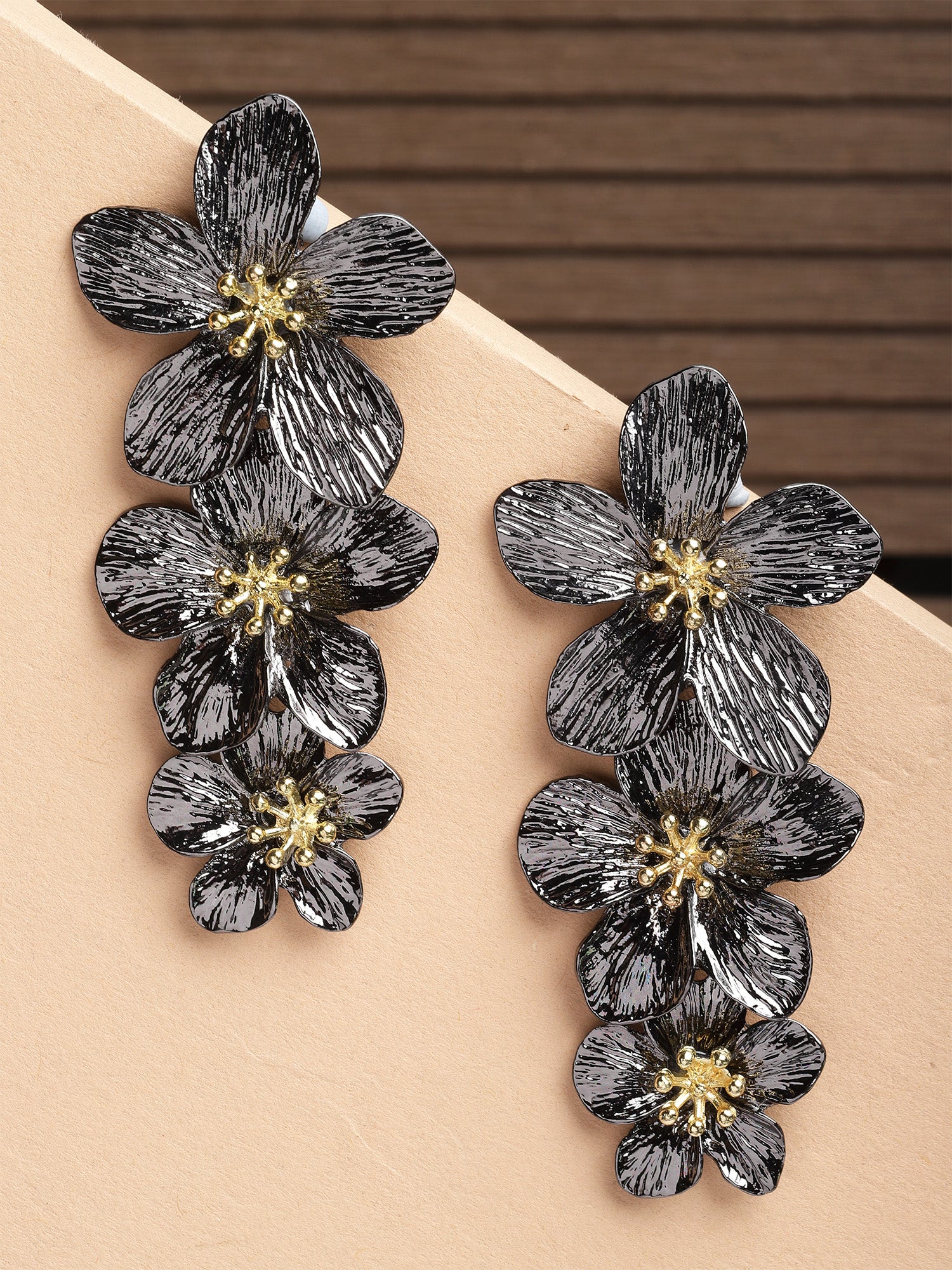 Bohey by KARATCART Dual Tone Black Metallic Finish Floral Drop Earrings for Women