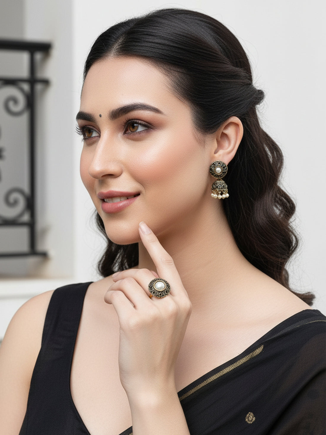 Karatcart Antique Gold Earrings with Ring Set for Women