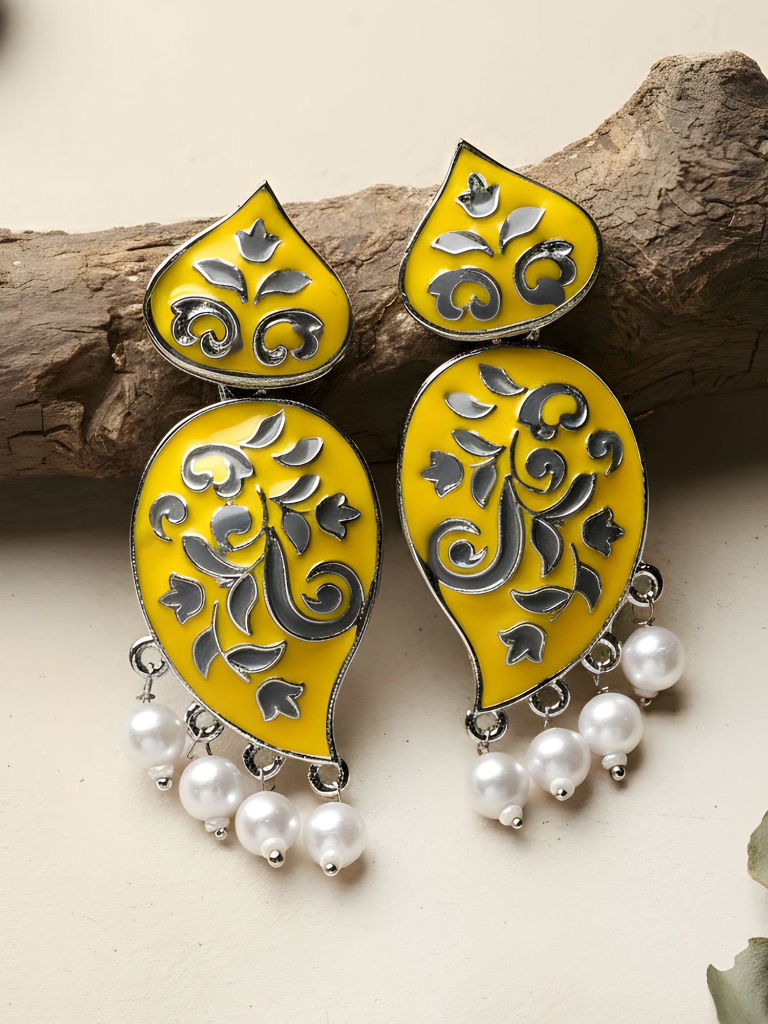 Karatcart Silver Plated Yellow and Grey Meena Drop Earrings for Women