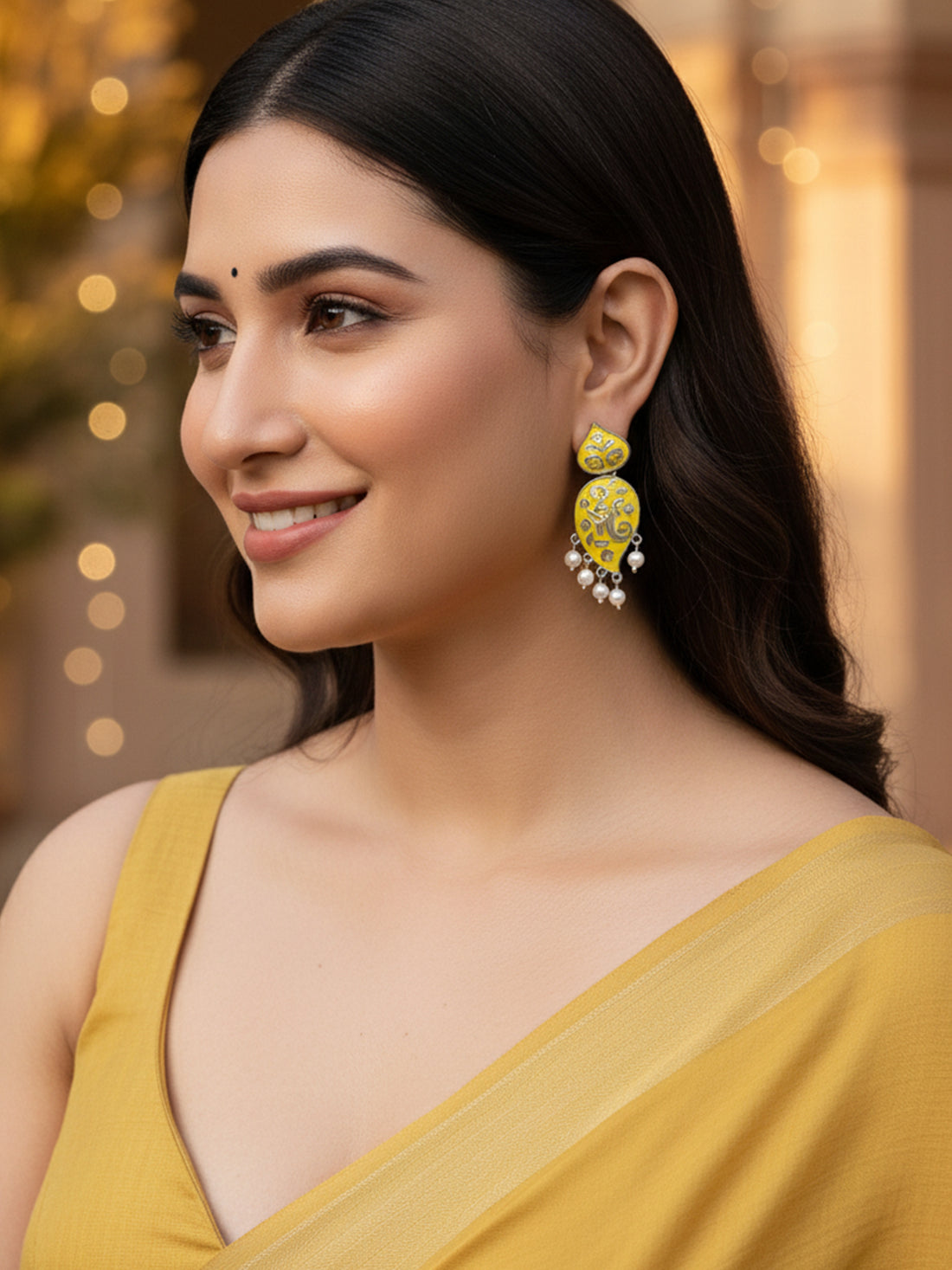 Karatcart Silver Plated Yellow and Grey Meena Drop Earrings for Women