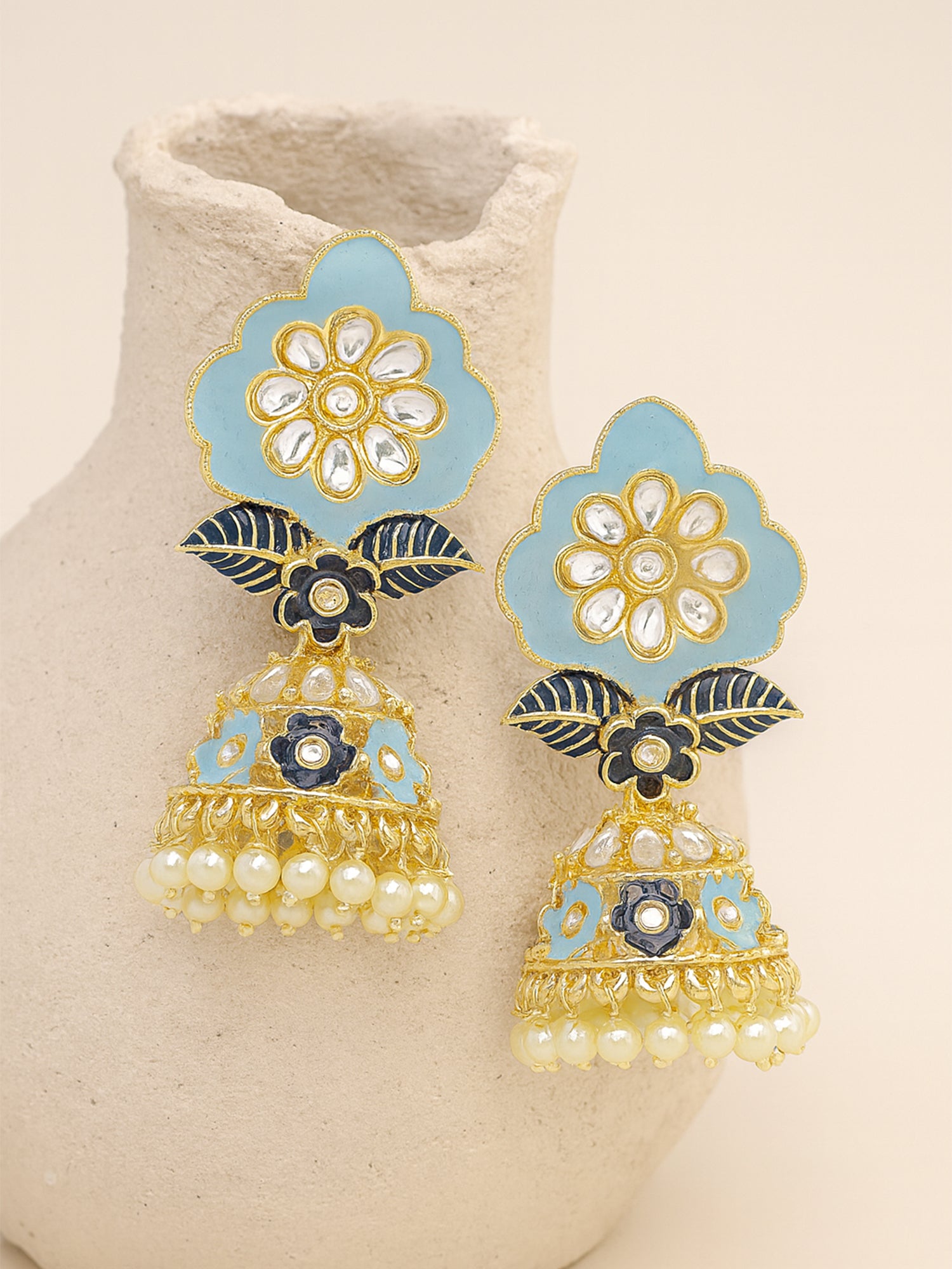 Karatcart Gold Plated Floral Design Blue Meena Jhumki Earrings for Women