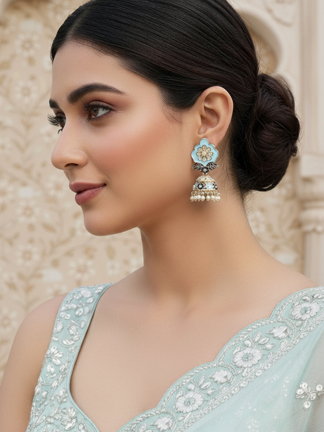 Karatcart Gold Plated Floral Design Blue Meena Jhumki Earrings for Women