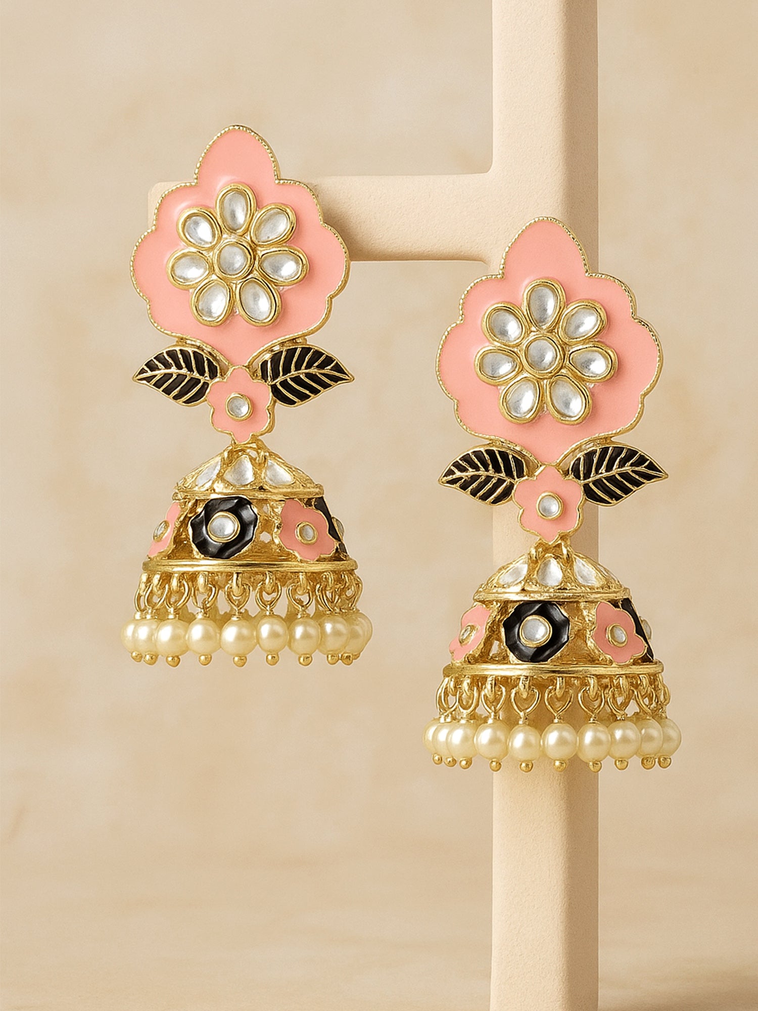 Karatcart Gold Plated Floral Design Pink and Black Meena Kundan Jhumki Earrings for Women