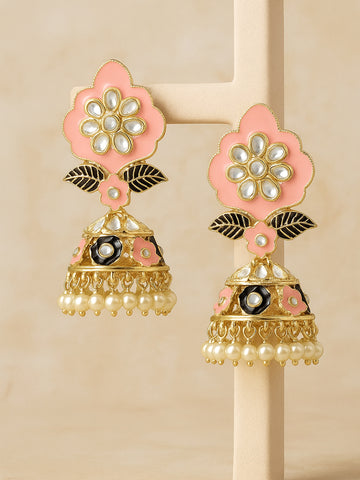 Karatcart Gold Plated Floral Design Pink and Black Meena Kundan Jhumki Earrings for Women