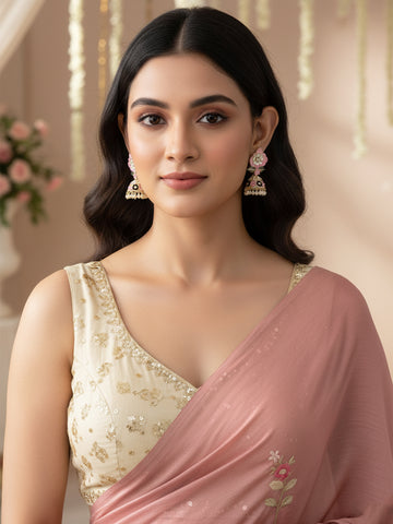 Karatcart Gold Plated Floral Design Pink and Black Meena Kundan Jhumki Earrings for Women