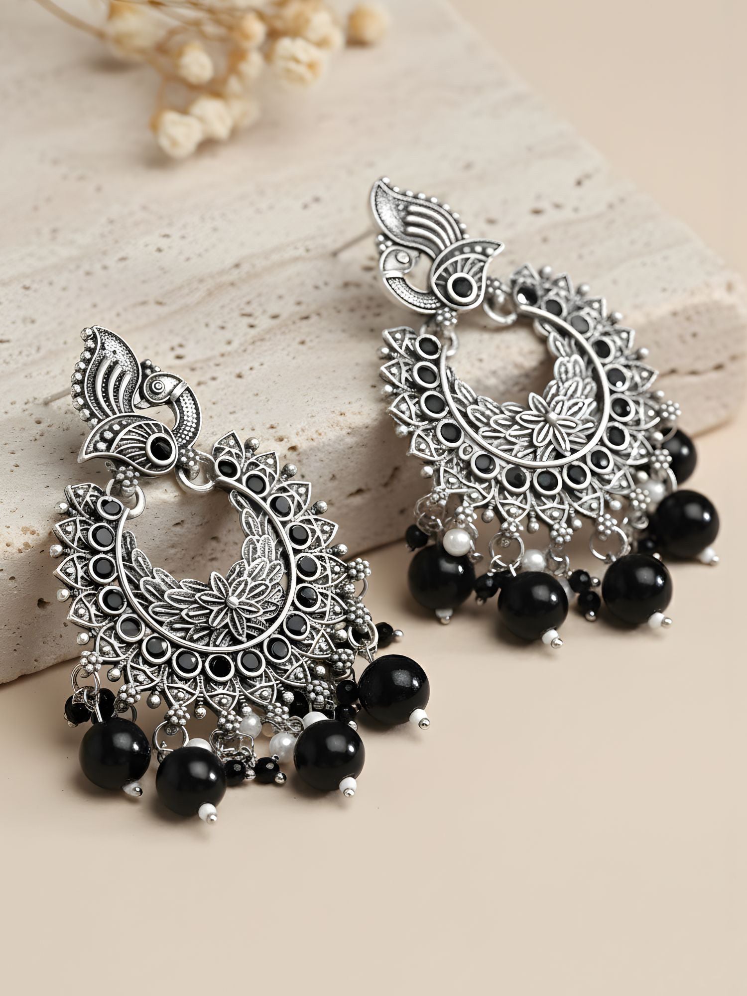 Karatcart Oxidised Silver Peacock Design Black Beads and Kundan Dangler Earrings for Women