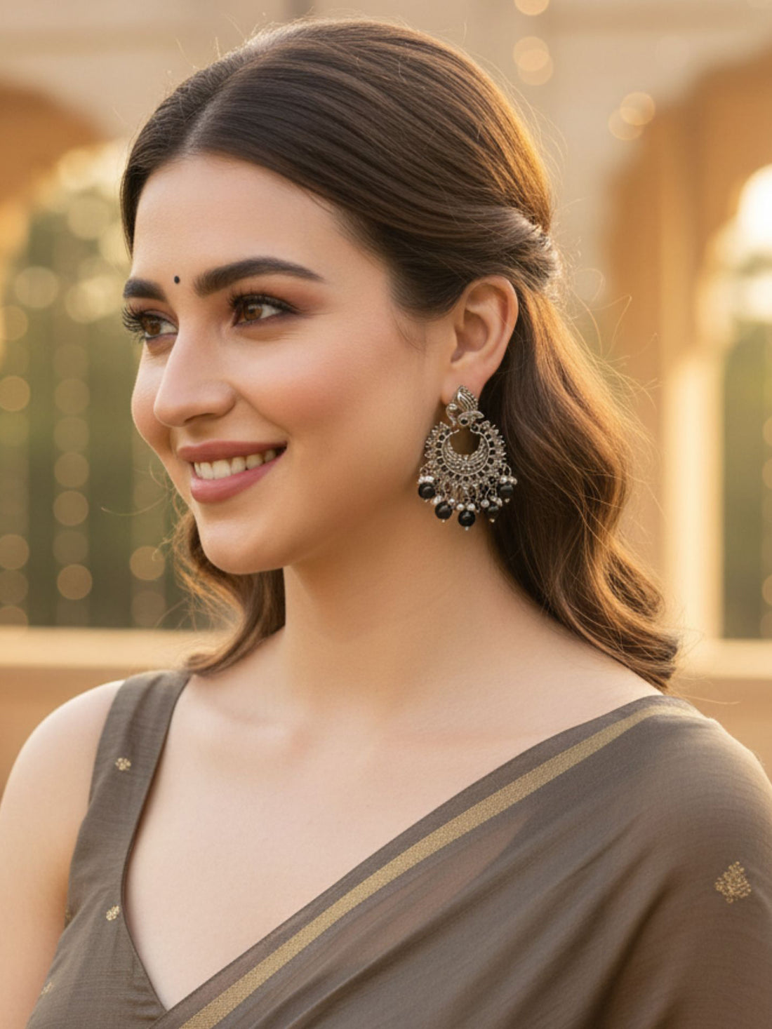 Karatcart Oxidised Silver Peacock Design Black Beads and Kundan Dangler Earrings for Women