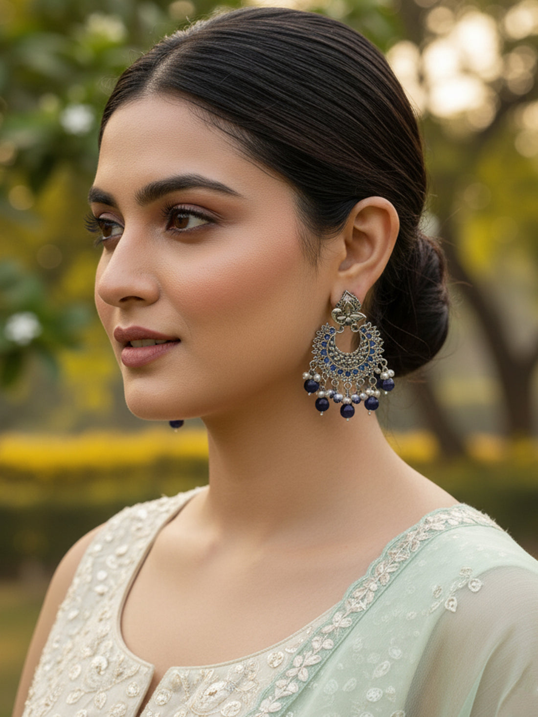Karatcart Oxidised Silver Peacock Design Blue Beads and Kundan Dangler Earrings for Women
