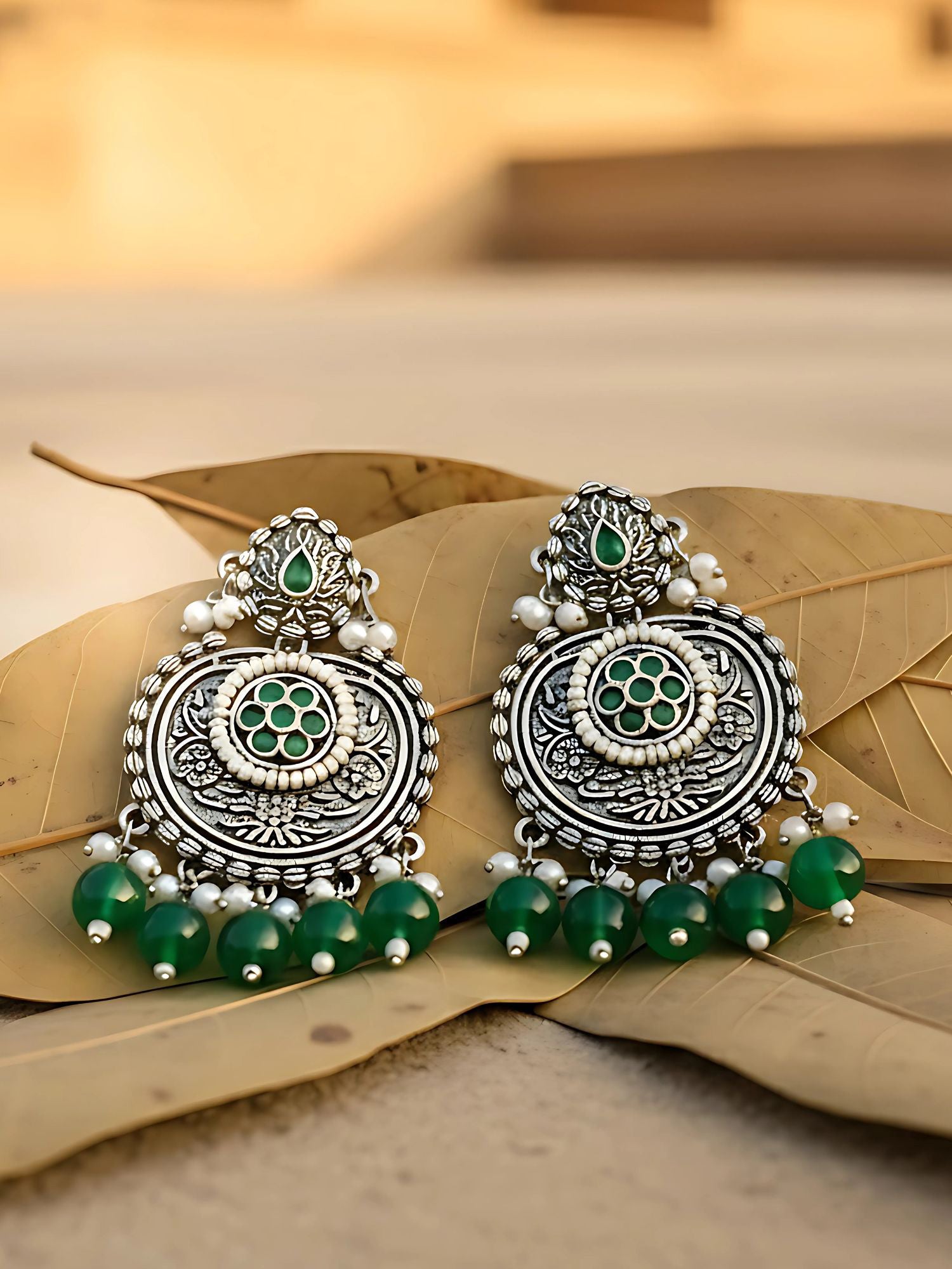 Karatcart Oxidised Silver Green Beads Floral Drop Earrings for Women