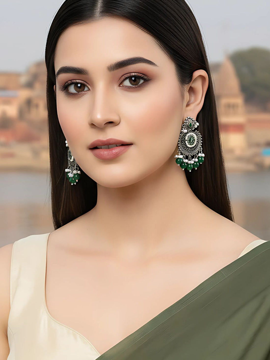 Karatcart Oxidised Silver Green Beads Floral Drop Earrings for Women