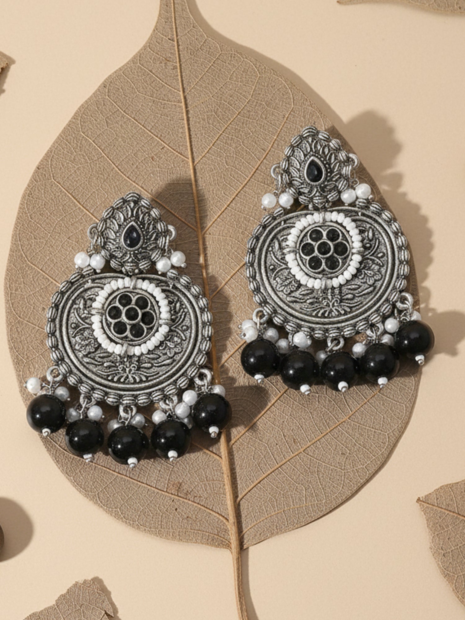 Karatcart Oxidised Silver Black Beads Floral Drop Earrings for Women