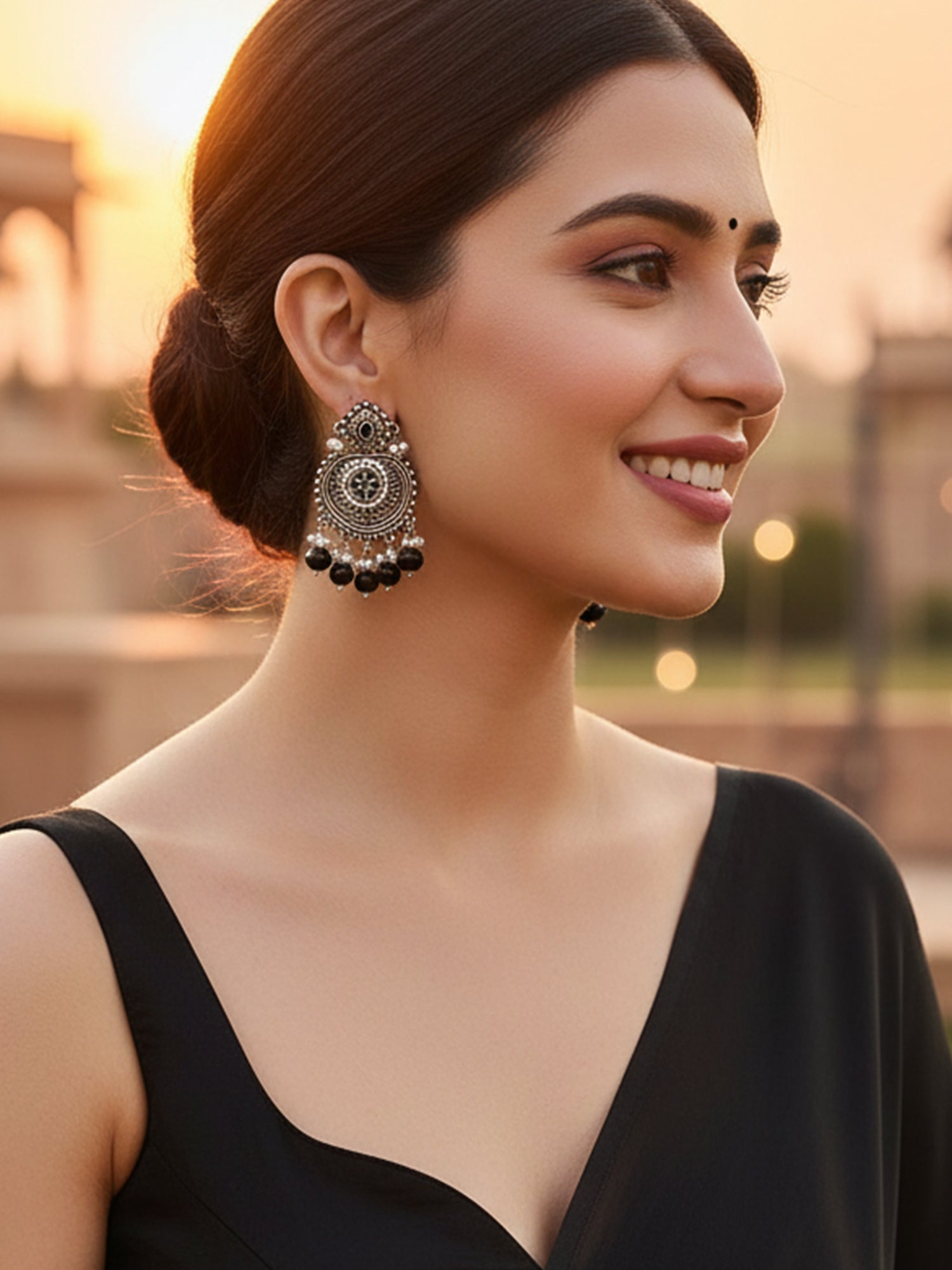 Karatcart Oxidised Silver Black Beads Floral Drop Earrings for Women