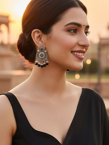 Karatcart Oxidised Silver Black Beads Floral Drop Earrings for Women