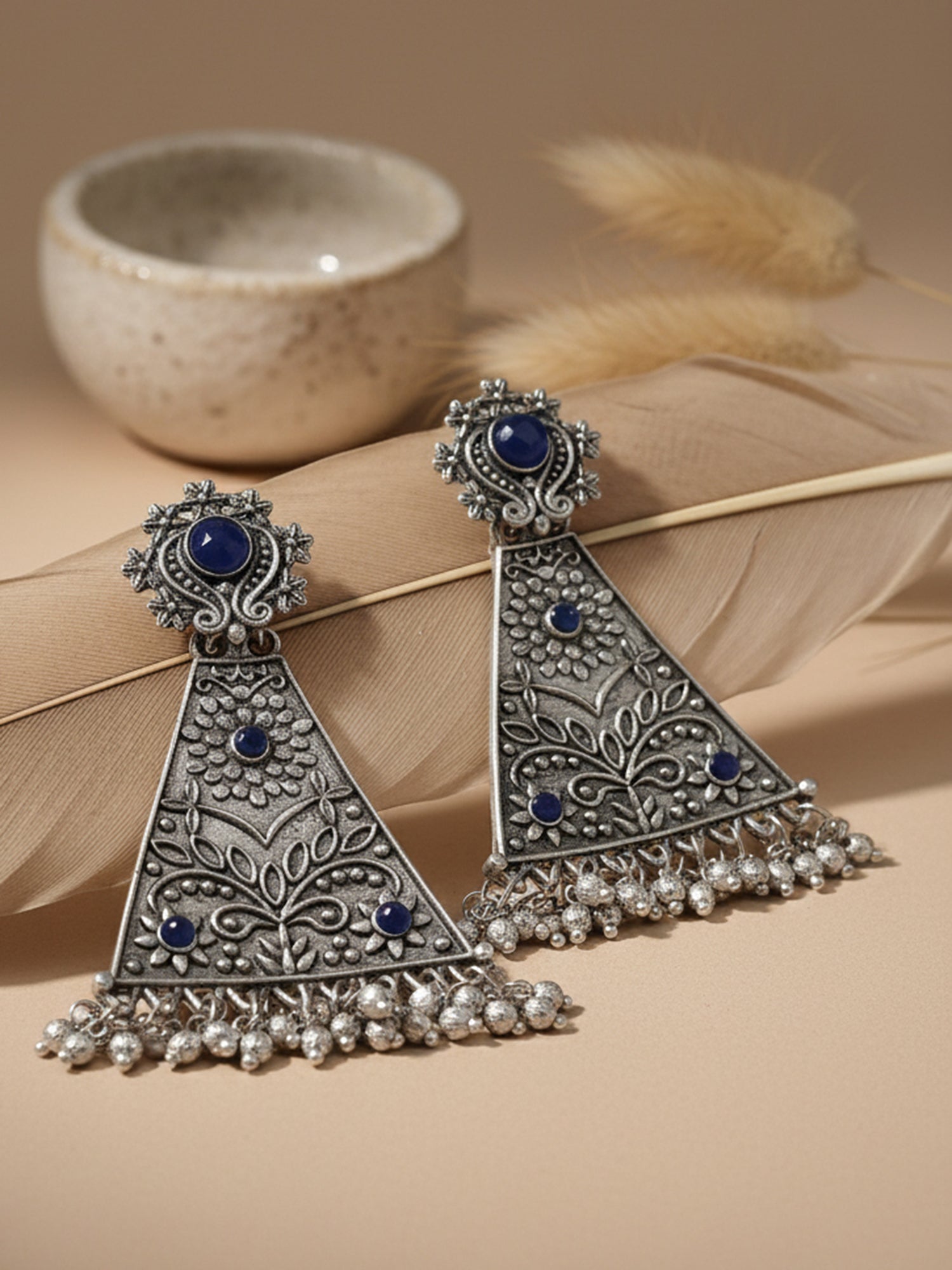 Karatcart Oxidised Silver Blue Stone Floral Design Drop Earring for Women